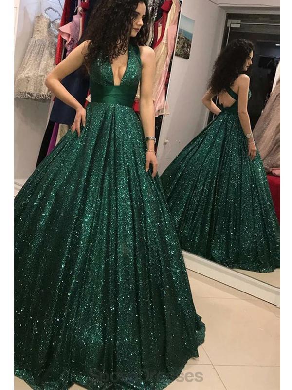 Emerald Green V Neck Sparkly Ball Gown ...